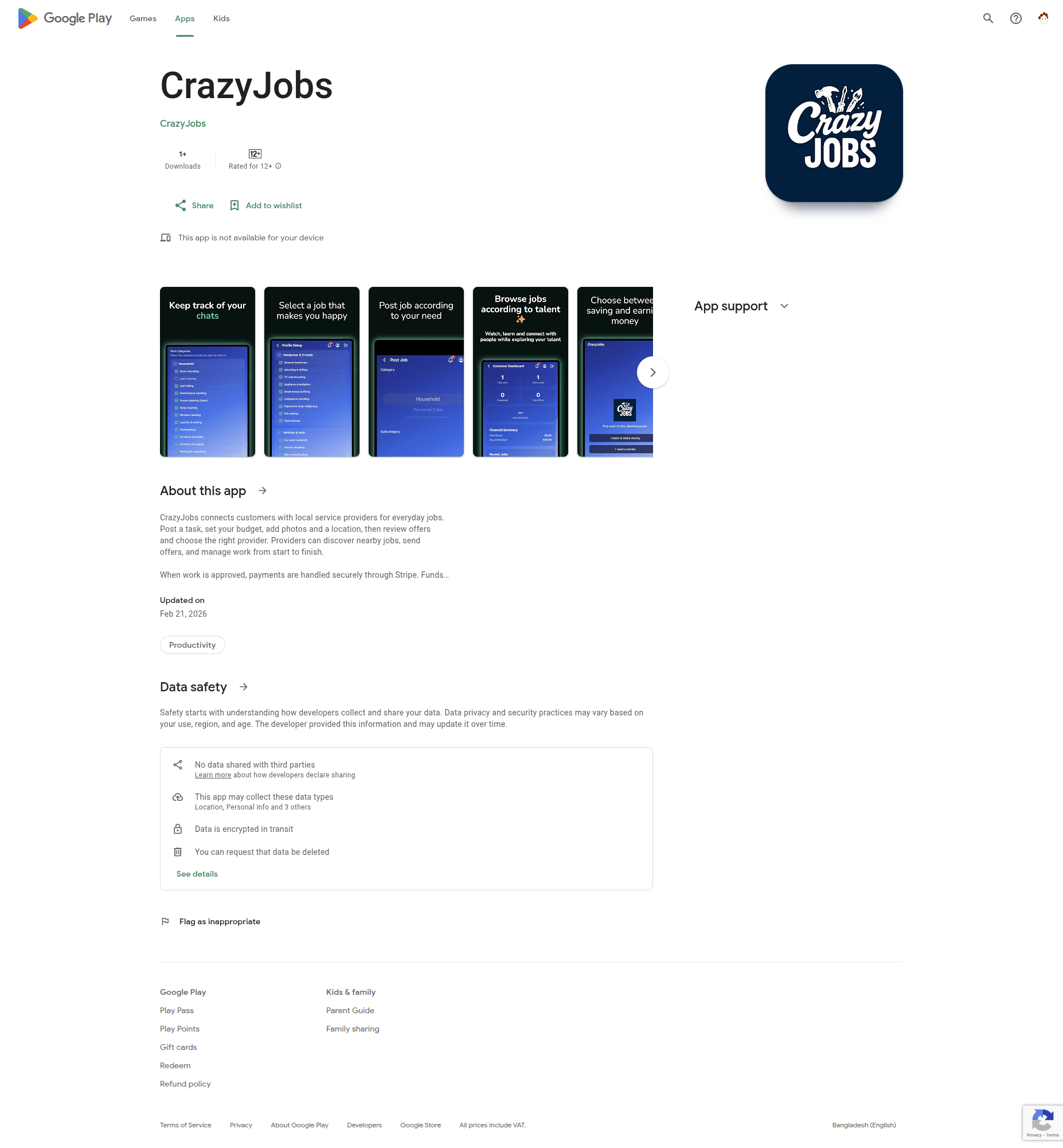 Crazy Jobs Android app listing on Google Play